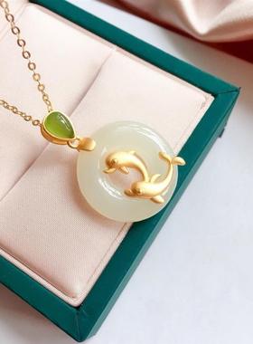 古风纯银古法金镶和田玉平安扣国潮玉石双鱼吊坠女复古锁骨项链