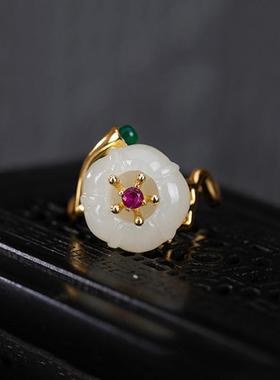 复古仿和田白玉雕梅花中古珐琅彩女生精致小饰品戒指新中式国风