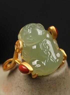 和田青玉貔貅开口戒指S925纯银皮丘招财古法金镶玉女妈妈母亲礼物