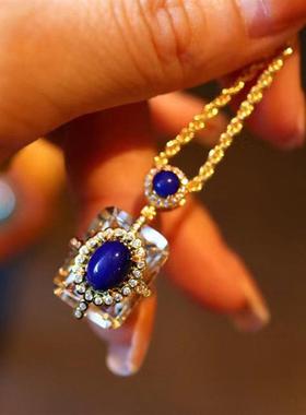 气质原创仿天然白水晶青金石方形吊坠女镀金镶时尚高级感项链项坠