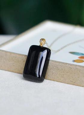 平安无事牌天然和田墨玉吊坠女百搭挂件s925纯银项链锁骨链送妈妈