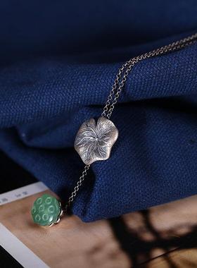 民族风S925纯银复古做旧女款莲叶露珠荷叶仿天然和田玉流苏项链