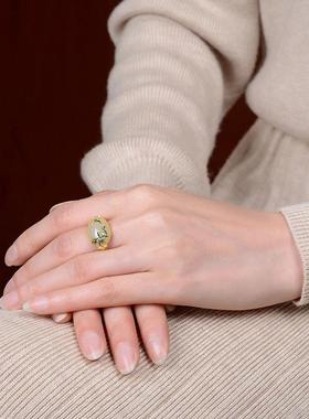 925银镀金花藤蛋面仿白玉髓复古珐琅彩民族风荷花气质女气质戒指