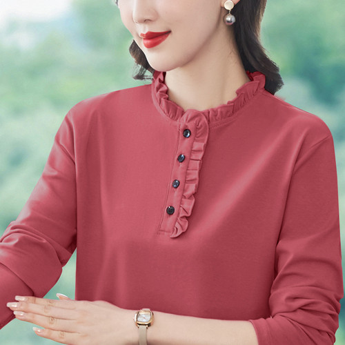 纯棉长袖t恤女秋冬装2024新款秋季显瘦洋气减龄中年妈妈装上衣女 - 图0