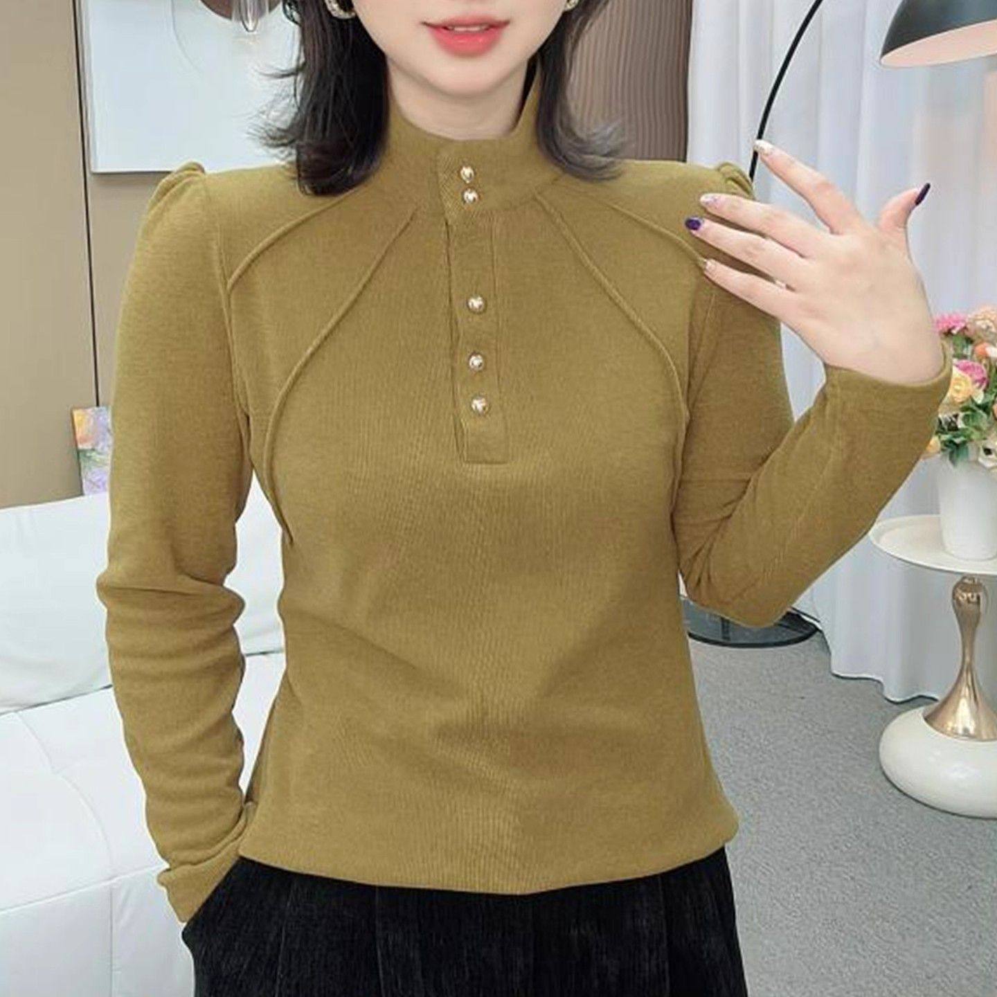 秋冬新款时尚大码女装长袖遮肚中老年妈妈装半高领纽扣拼接上衣女,淘宝优惠券,粉丝福利购,淘宝优惠卷