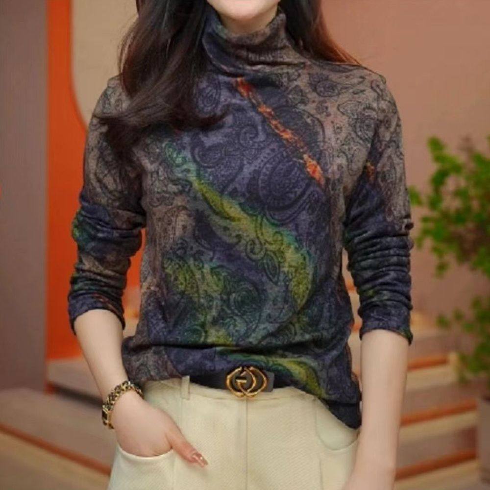 秋冬新款时尚印花洋气减龄遮肚长袖半高领打底衫中老年妈妈装上衣,淘宝优惠券,粉丝福利购,淘宝优惠卷