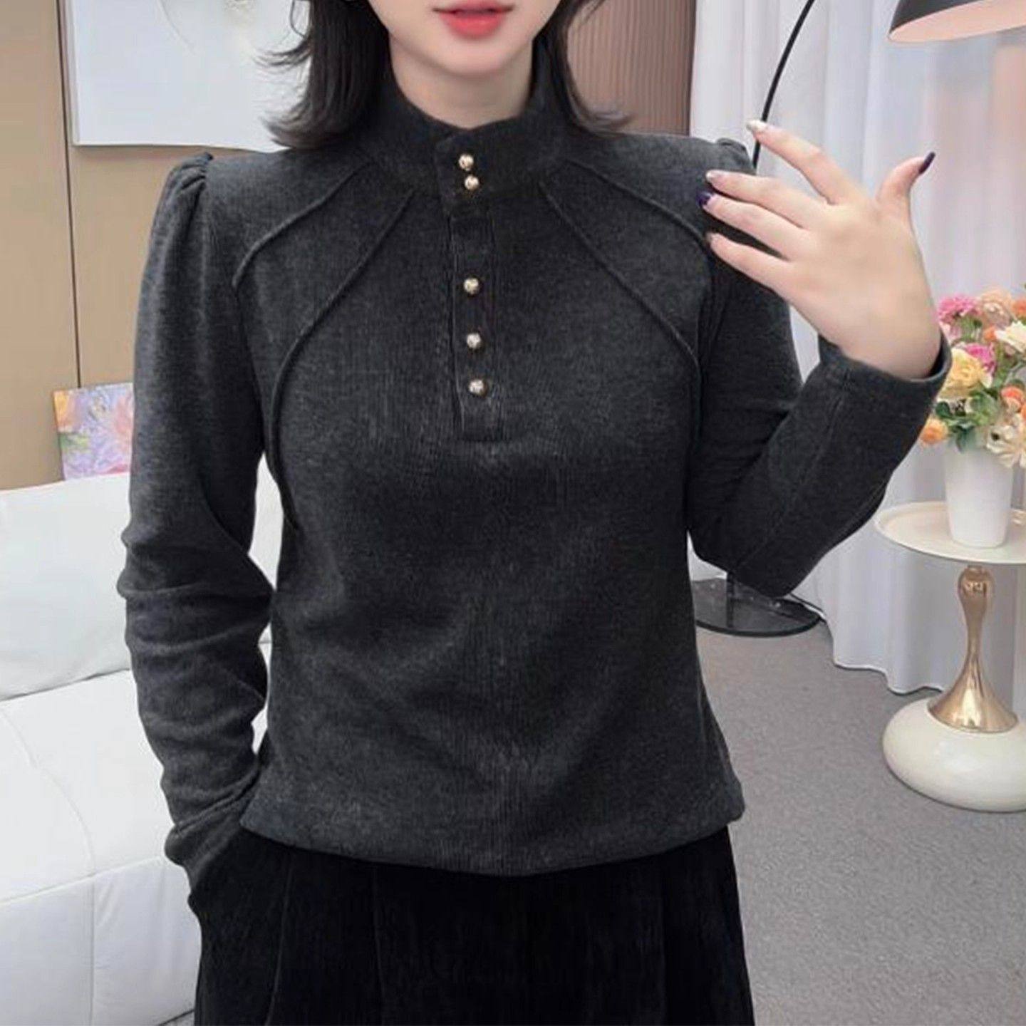 秋冬新款时尚大码女装长袖遮肚中老年妈妈装半高领纽扣拼接上衣女,淘宝优惠券,粉丝福利购,淘宝优惠卷