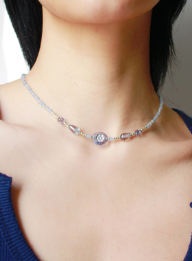 月似弓原创【水蓝】清新小众艺术感叠戴浪漫天然石串珠项链