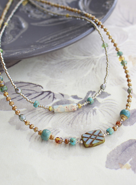 原创项链【秋色里】新中式手作天然石捷克珠小众艺术感叠戴项链