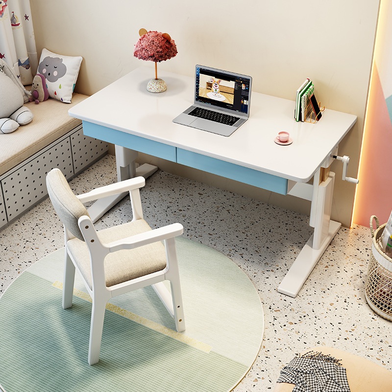 儿童书桌实木学习桌简约现代手摇升降写字桌家用小学生课桌椅原木 - 图0