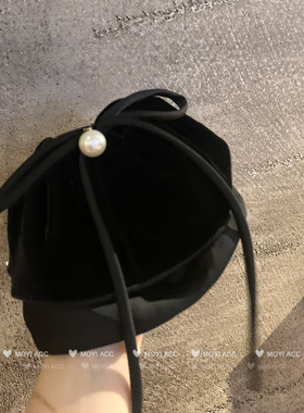 法式复古丝绒飘带蝴蝶结发夹黑色珍珠顶夹后脑勺超仙扎马尾发卡子