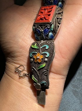 回流创汇七八十年代时期纯手工s925银花丝镶嵌老雕漆手链手镯