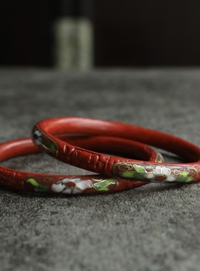 七十年代铜胎漆景结合手镯景泰蓝和雕漆双工艺老库存全新带原包装