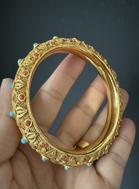 纯手工精品银花丝鎏金镶嵌天然原矿绿松石、海石头手镯