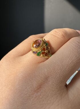 纯手工s925银花丝镶嵌老的红碧玺戒指圈口可调节 掐丝做工精美