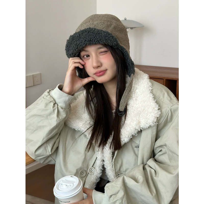 韩版羊羔绒飞行帽子女双面戴格纹护耳帽秋冬加厚保暖防寒雷锋帽男 - 图3