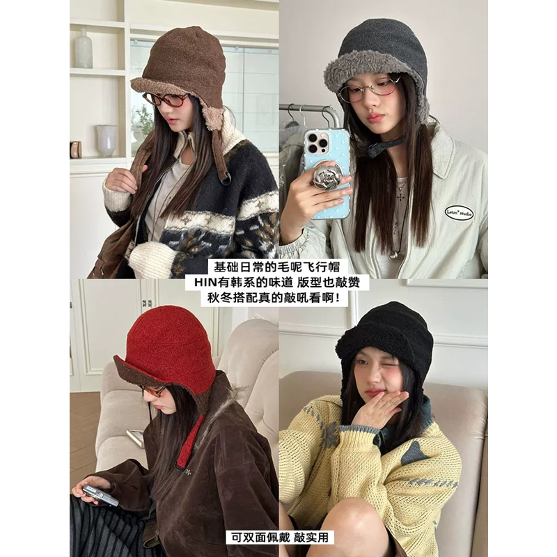 韩版羊羔绒飞行帽子女双面戴格纹护耳帽秋冬加厚保暖防寒雷锋帽男 - 图0