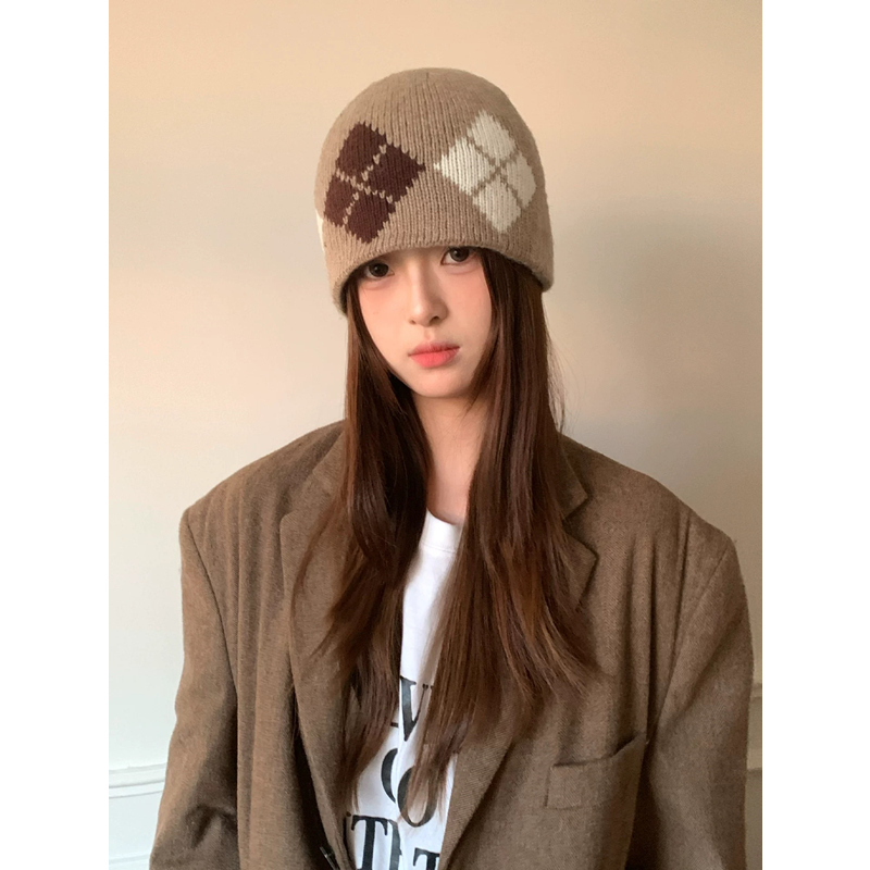 韩系拼色菱形格子针织包头帽子女秋冬保暖显脸小毛线帽护耳冷帽男 - 图3