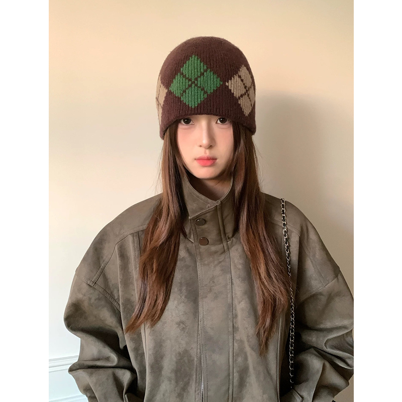 韩系拼色菱形格子针织包头帽子女秋冬保暖显脸小毛线帽护耳冷帽男 - 图2