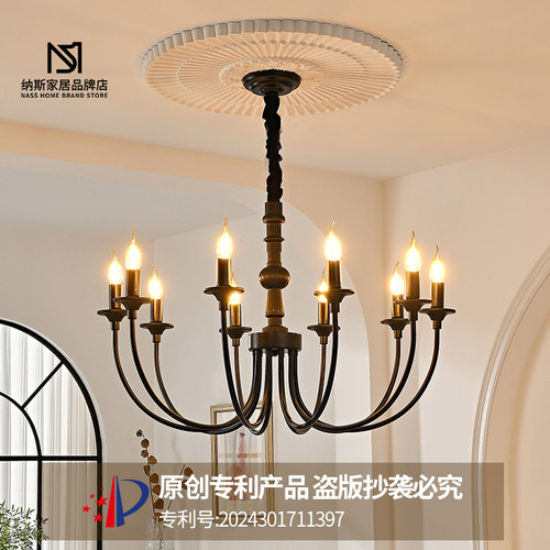 法式乡村复古客厅吊灯卧室餐厅灯美式实木中古侘寂风洋房蜡烛灯具 - 图0