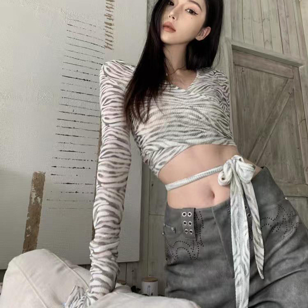 美式复古斑马纹绑带正肩长袖t恤女设计感小众短款甜辣妹跳舞上衣,淘宝优惠券,粉丝福利购,淘宝优惠卷