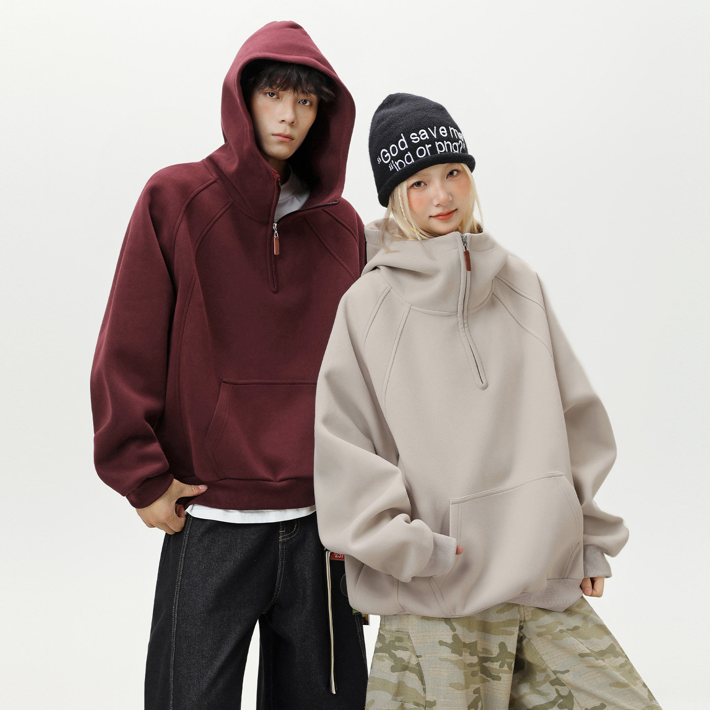 OFF-UP 重磅半拉链连帽卫衣情侣款立体裁剪拼接纯色休闲上衣 - 图2