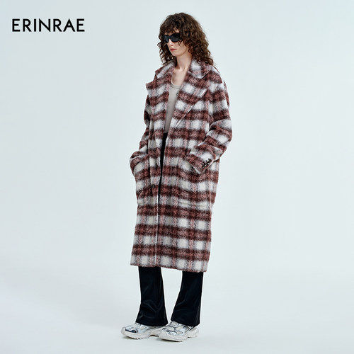 ERINRAE丨冬季新品格纹大衣中长款保暖宽松版型外套EG464029PA25 - 图0