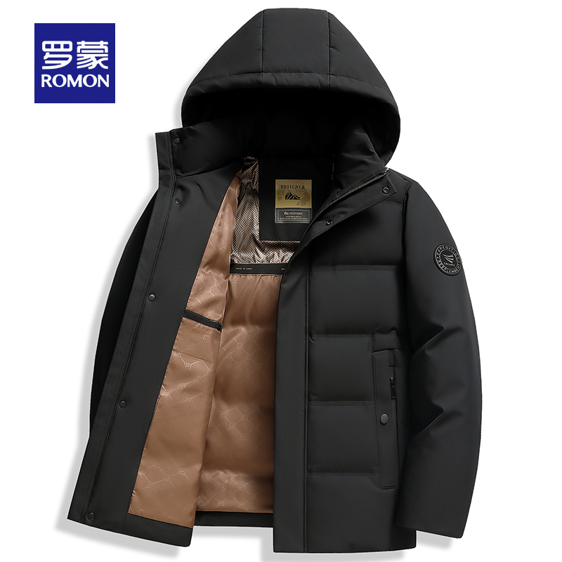 罗蒙羽绒服男士冬季短款连帽2024新款大码加厚中年爸爸装冬装外套