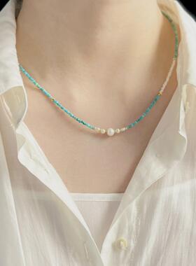 原创国风锁骨链绿松石项链珍珠
