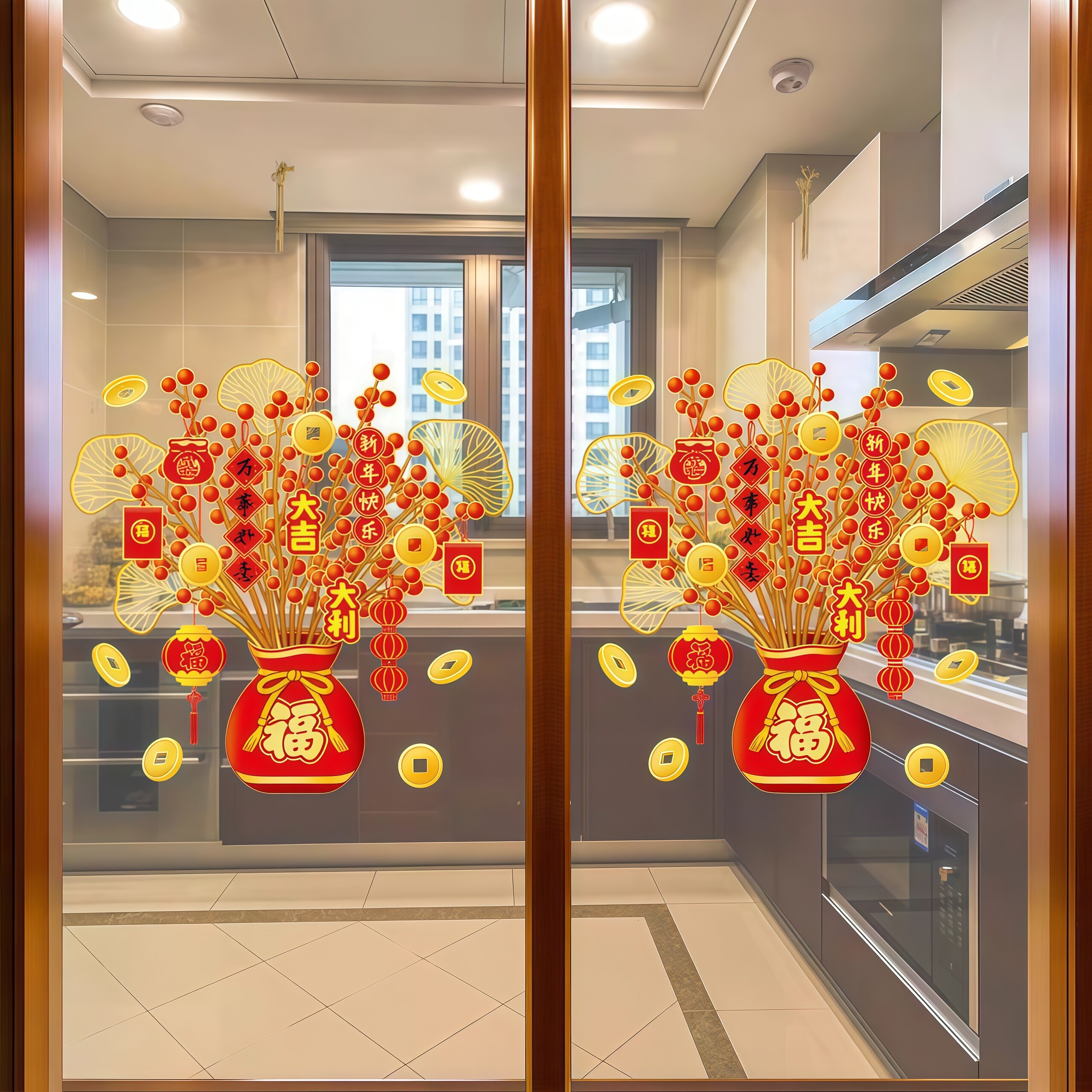 2026新年过年装饰玻璃门贴纸发财树窗花贴春节橱窗年味布置静电贴_虎窝淘