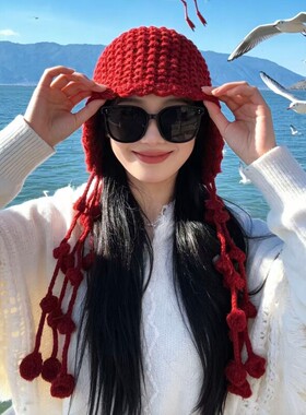 红色流苏毛线帽秋冬加厚保暖女款