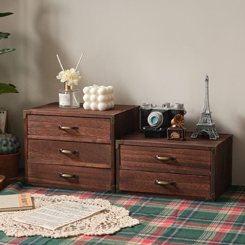 桌面收纳柜化妆品杯子桌上置物架复古抽屉式学生整理盒木质盲盒柜 - 图0