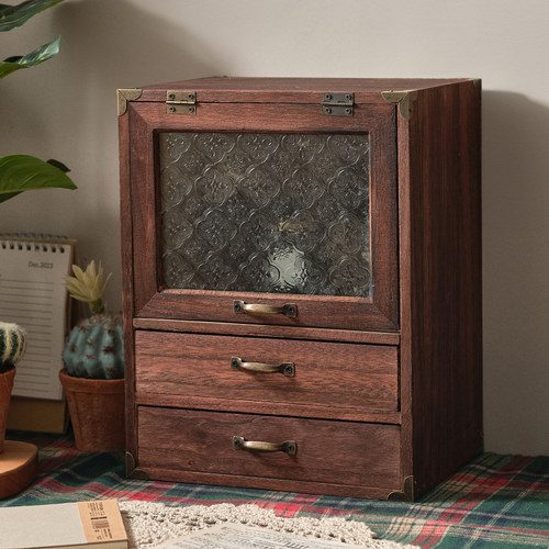 桌面收纳柜化妆品杯子桌上置物架复古抽屉式学生整理盒木质盲盒柜 - 图3