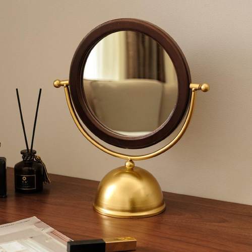 家用梳妆镜2025新款卧室圆形化妆镜梳妆台镜子时尚复古旋转立式镜 - 图0