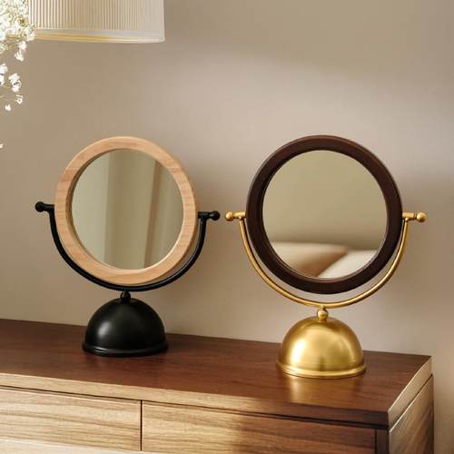 家用梳妆镜2025新款卧室圆形化妆镜梳妆台镜子时尚复古旋转立式镜 - 图1