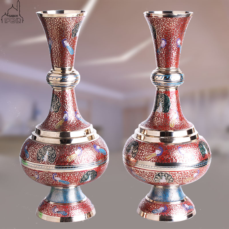 Indian bronzes hand carved in Chinese red peacock patterned painted color vases Xuan guan home brass vase furnishing