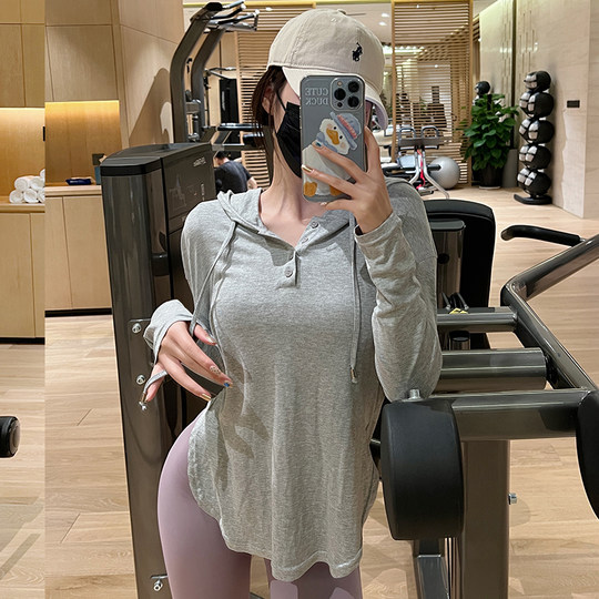 春秋季透气吸汗普拉提速干瑜伽健身上衣女外搭中长款宽松遮臀罩衫