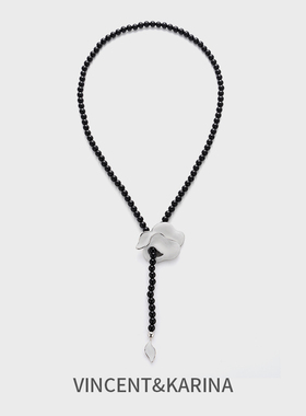 vk饰品【凝时】黑色串珠复古长款毛衣链项链高级感花卉浪漫颈链