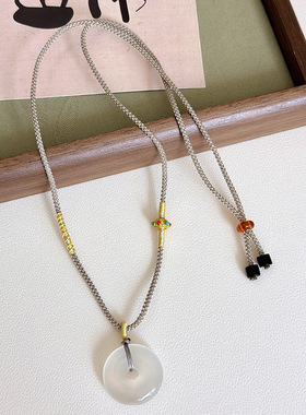 天然玛瑙平安扣吊坠挂绳白冰玉髓平安锁如意玉石项链女款新中式