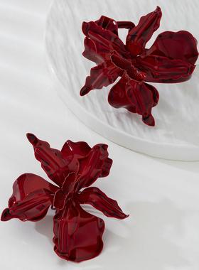 欧美复古酒红色金属立体花朵手镯夸张个性大牌戒指旅拍首饰套装