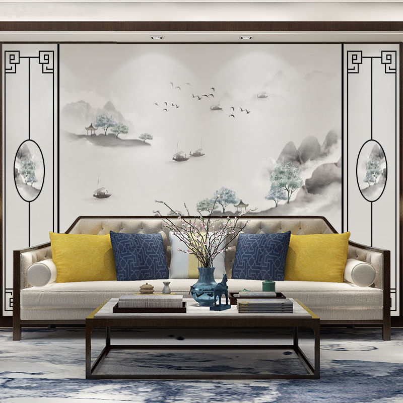 中式山水线条水墨电视背景墙布壁画轻奢沙发客厅墙纸禅意壁布茶室