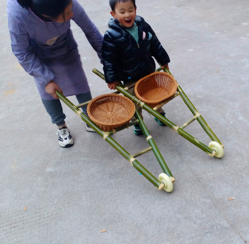 竹子手推车带篮子装东西独轮车玩具车幼儿园儿童户外器材亲子活动