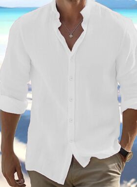 Cotton Linen Hot Sale Men's Long-Sleeved Shirts Summer Solid