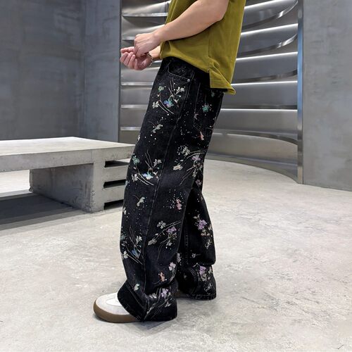 New 2026 Men's Loose Straight Leg Bla Waed fiti Splatter Emb - 图1