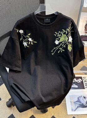 Heavyweight 220g Floral Embroidery ort Sve Men's T-irt Loose