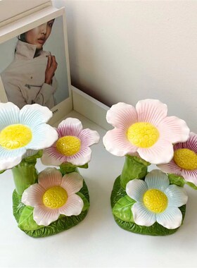 手绘釉下彩花朵造景摆台梦幻陶瓷花朵首饰托盘支架阶梯金丝熊装饰