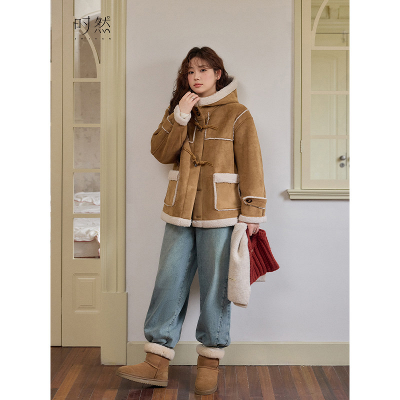 时然大码连帽皮毛一体外套冬季新款微胖MM保暖百搭休闲麂皮绒外套,淘宝优惠券,粉丝福利购,淘宝优惠卷