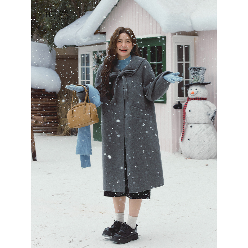 时然大码灰色毛呢长款大衣微胖MM冬新款女装外套百搭休闲冬装上衣 - 图0