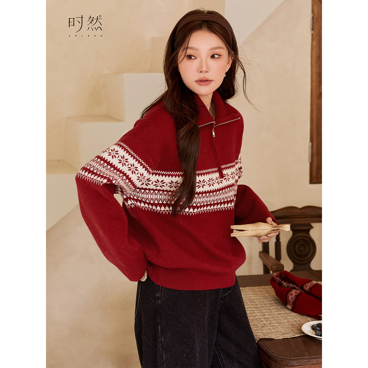 时然大码圣诞新年红色毛衣微胖mm冬季女装新款立领上衣针织衫保暖,淘宝优惠券,粉丝福利购,淘宝优惠卷