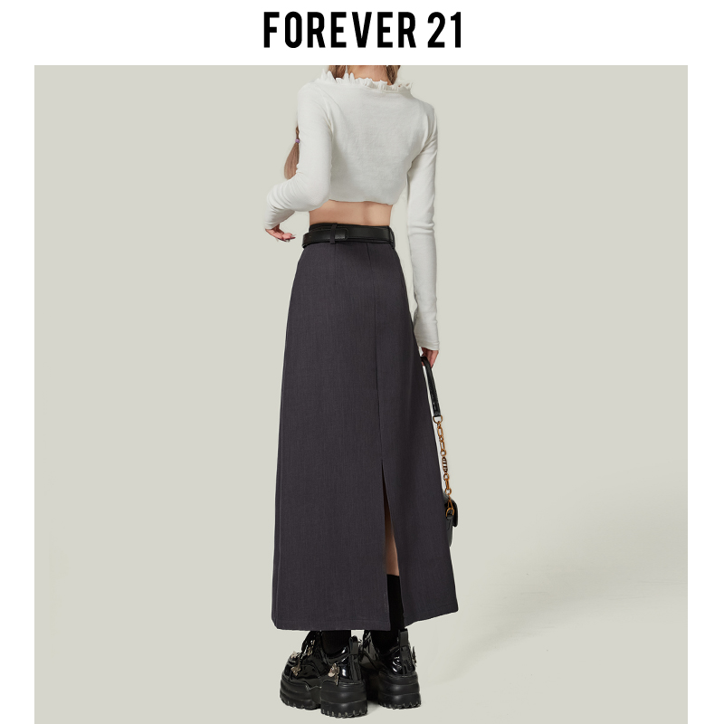 Forever21杏色西装半身裙女白色后开叉直筒裙高腰中长一步A字裙子-图2